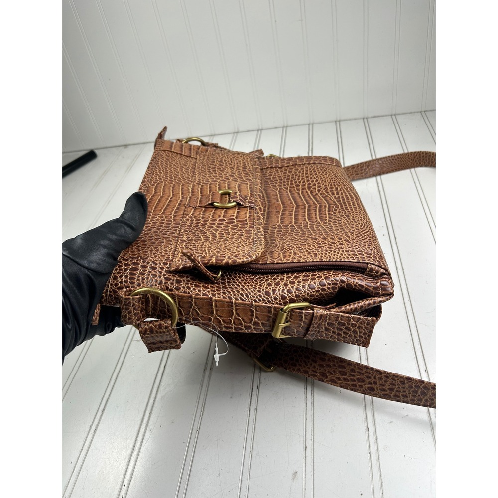 Coldwater Creek Vintage Sophie Brown Croc Embossed Leather Boho Crossbody Bag - Picture 8 of 14